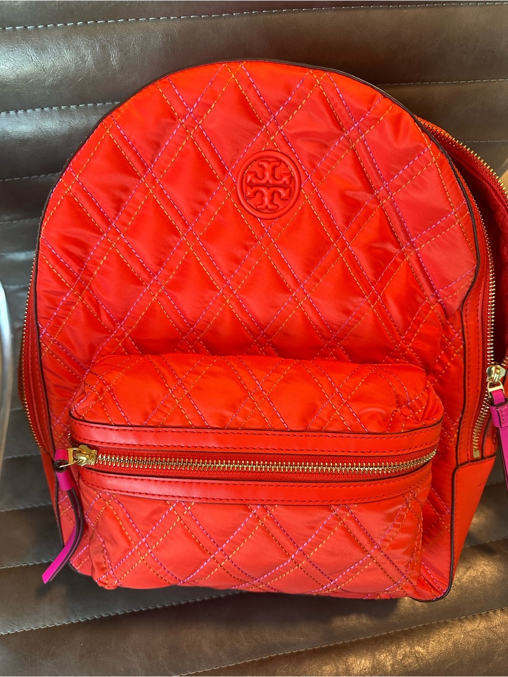 Tory Burch Quilted Red Nylon Backpack with Gold Hardware